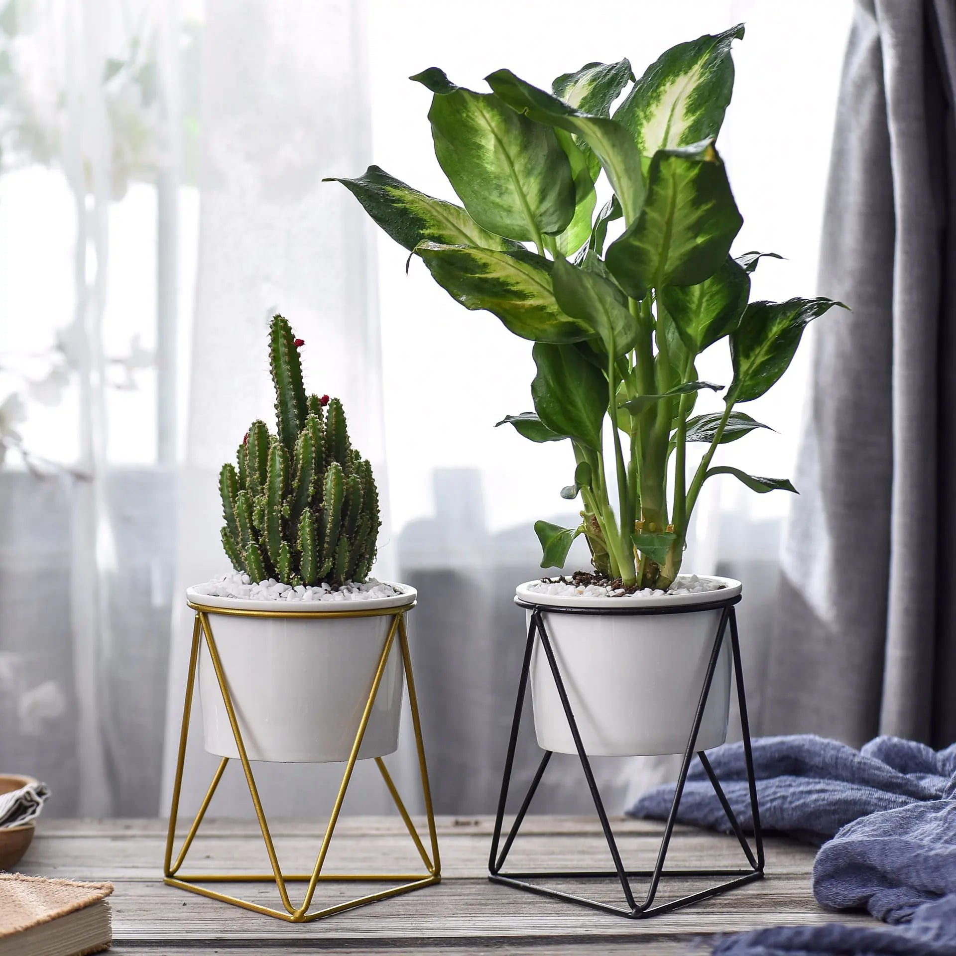 Nordic Triangle Ceramic Planter with Iron Stand Set