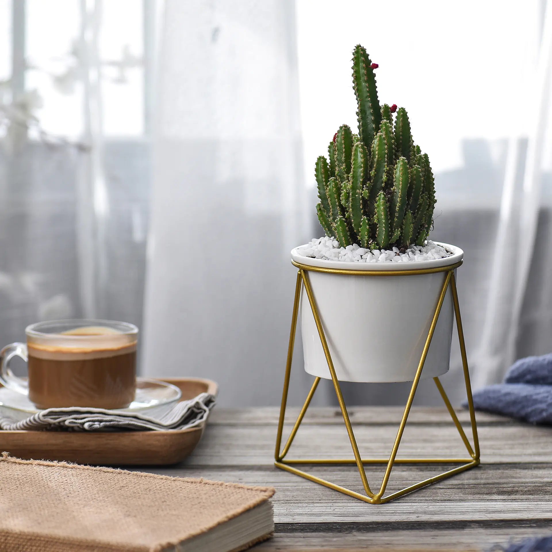 Nordic Triangle Ceramic Planter with Iron Stand Set